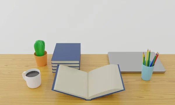 书桌上的书和咖啡杯在白色的背景上 — 图库照片