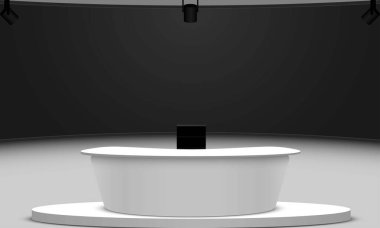 Bir haber stüdyosunda beyaz masa ve LCD arka planı.