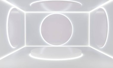 Beyaz podyum ve neon ışıklar beyaz oda 3D görüntüleme.