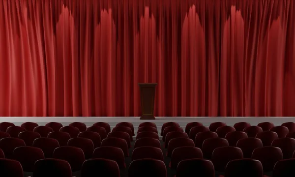 ホールのステージには木製の発表表彰台と赤いカーテンがあります — ストック写真