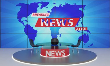 wood table on stand with led screen background in the red news studio room.3d rendering.