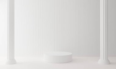 white podium with tower in the white room.3d rendering.