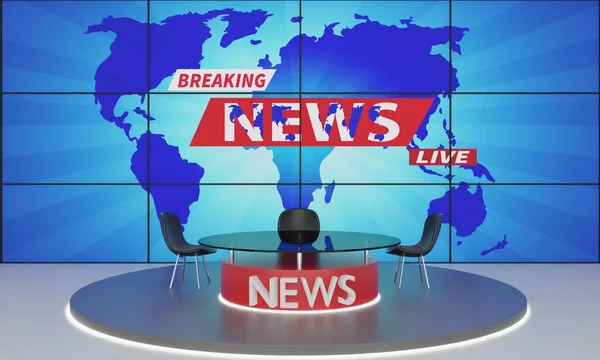 Wood Table Stand Led Screen Background Red News Studio Room — 스톡 사진