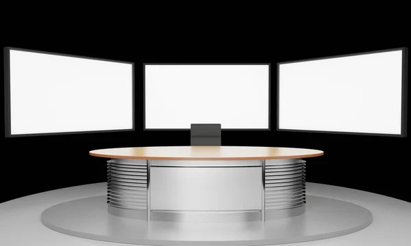 Wood Table Lcd Background News Studio Room Rendering — Stock Photo, Image