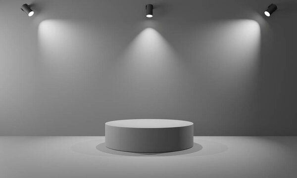 grey stand and spotlight in the grey room.3d rendering.