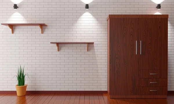 Wooden Wardrobe Wooden Shelf White Room Rendering — 图库照片