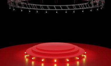 Kırmızı odayla çevrili kırmızı podyum..
