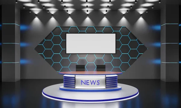 White Table Stand Led Screen Background News Studio Room Rendering — Stock Photo, Image