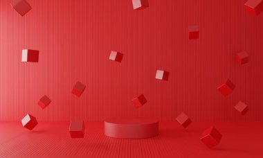 Kırmızı podyum, kare kutulu kırmızı oda 3D görüntülü..