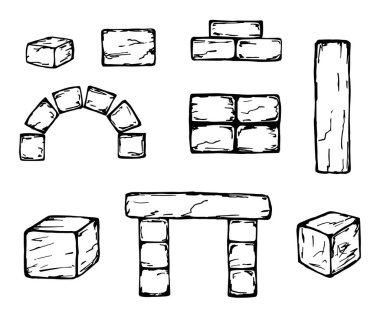 Beyaz arka planda izole edilmiş yapı taşı elementlerinden oluşan el çizimi siyah çizgi vektör kümesi. Antik kalelerin, kemerlerin, granit blokların, kaba duvarların, tuğlaların yeniden inşası.
