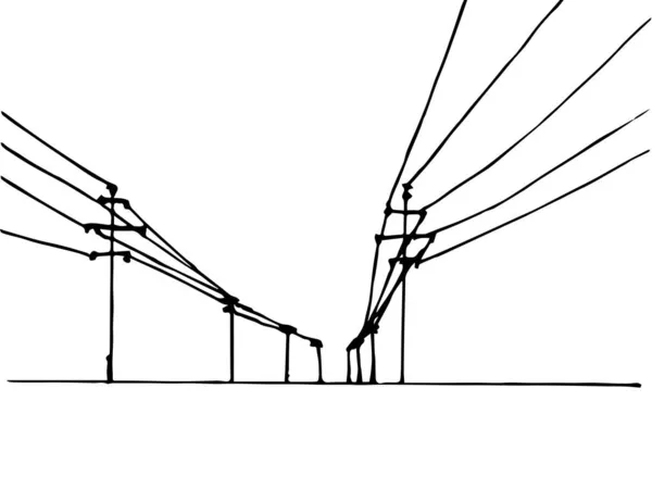 Ручные Чернила Простой Векторный Рисунок Полюса Электрическими Проводами Перспективой Горизонтом — стоковый вектор