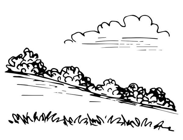 Basit vektör mürekkebi çizimi. Doğa, manzara. Ağaç, tepedeki çalılar, bulutlar, ön plandaki çimenler. Köy, banliyö, eğlence ve turizm.