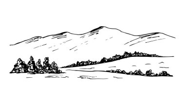 Siyah çizgili basit bir el çizimi vektör çizimi. Dağ manzarası, ağaçlar, çalılar, vahşi yaşam. Panoramik manzara. Parmak izi, kartpostal, turizm ve seyahat için..