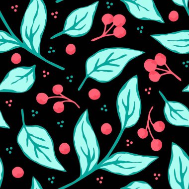 Basit el çizimi çiçek vektörlü, pürüzsüz desen. Mavi yapraklar, dallar, siyah arka planda kırmızı böğürtlenler. Kumaş baskıları, tekstil ürünleri, kırtasiye malzemeleri için..