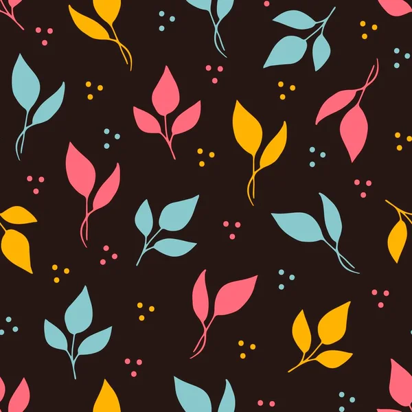 Pastel renklerde basit koyu renk çiçek vektör deseni. Siyah arka planda mavi, pembe, turuncu yapraklar. Kumaş, tekstil ürünleri, çarşaf, kırtasiye....