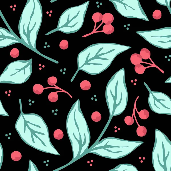 Basit el çizimi çiçek vektörlü, pürüzsüz desen. Mavi yapraklar, dallar, siyah arka planda kırmızı böğürtlenler. Kumaş baskıları, tekstil ürünleri, kırtasiye malzemeleri için..
