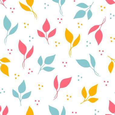 Pastel renklerde basit sakin çiçek vektör deseni. Beyaz arka planda mavi, pembe, turuncu yapraklar. Kumaş, tekstil ürünleri, çarşaf, kırtasiye....