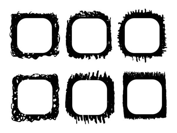 Kare siyah çerçevelerin basit vektör kümesi. Sert, eski dokular, yuvarlak köşeler, vignette. Etiketler, dekorasyon için.