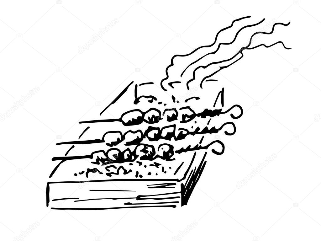 Simple hand-drawn vector black outline doodle style drawing. Brazier, meat skewers, barbecue, smoke, cooking. Picnic in nature. Charcoal for grilling. For label, menu, street food.