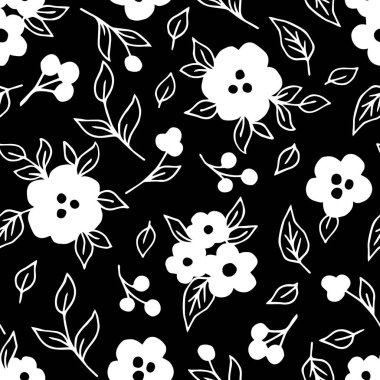 Basit el çizimi çiçek vektörlü, pürüzsüz desen. Siyah arka planda beyaz çiçekler. Kumaş baskıları, tekstil ürünleri, ev dekorasyonu, giysi, kırtasiye malzemeleri için..