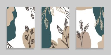Sosyal medya için basit soyut şablonlar, kapaklar, hikayeler. El ilanı, boş, davetiye. Beyaz arka planda bej, mavi-yeşil noktalar bitki elementleri.
