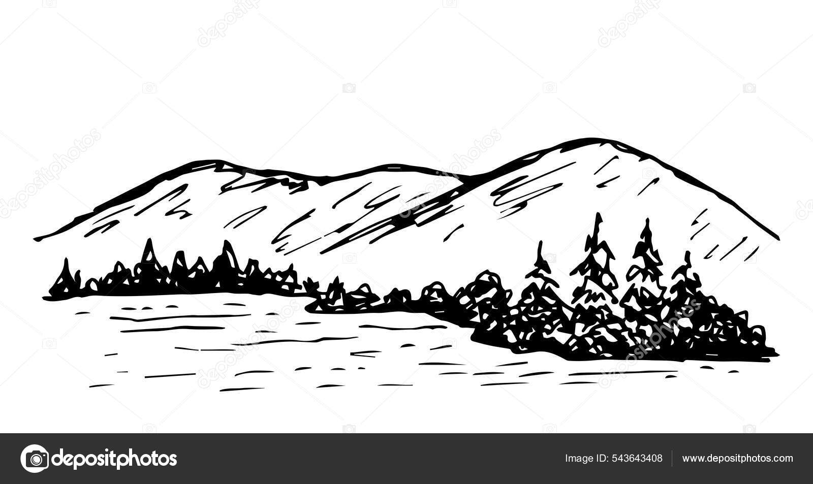 Simple black outline vector drawing. Mountain landscape, wild nature. River  valley, gorge. Sketch in ink. Travel and tourism. Stock Vector | Adobe Stock