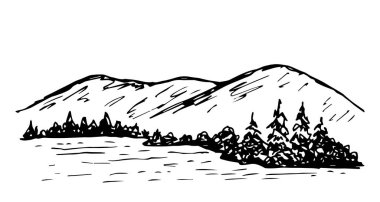 Siyah çizgili basit bir el çizimi vektör çizimi. Kuzey doğası, dağ gölü, kozalaklı ağaçlar, nehir kıyısı, manzara. Mürekkep çizimi. Seyahat ve turizm, balıkçılık.