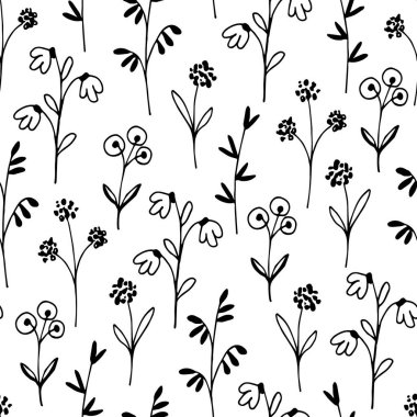 Basit el çizimi çiçek vektörlü, pürüzsüz desen. Siyah bir gövde üzerinde küçük kır çiçekleri, beyaz arka planda çayır otları. Ürün, ambalaj, tekstil ve giysi tasarımı için.