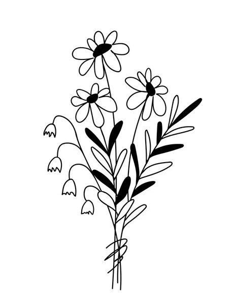 Basit vektör siyah çizim. Beyaz arka planda izole edilmiş bir buket papatya. Yabani çiçekler, hediye. Tebrik kartı, davetiye, doğum günü ve tatil baskıları için..