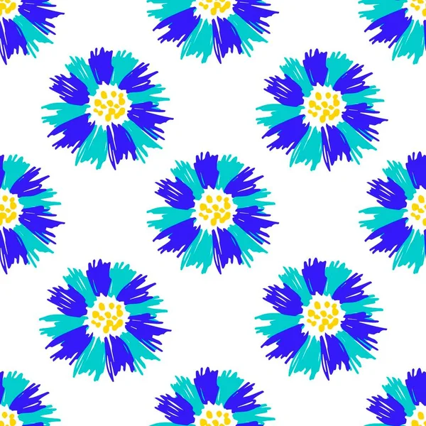 Eenvoudig Gekleurde Bloemenvector Naadloos Patroon Heldere Blauwe Korenbloemen Een Witte — Stockvector
