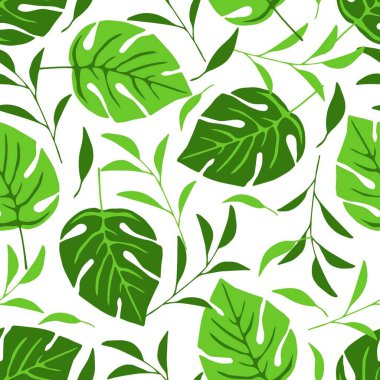Yaz tasarımı için basit botanik renk vektörsüz desen. Beyaz arka planda yeşil canavar yaprakları. Kumaş baskıları, tekstil ürünleri, plaj giysileri için..