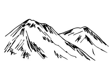 Siyah çizgili basit bir el çizimi vektör çizimi. Mürekkep çizimi. Rocky dağları, vahşi manzara, doğa. Dağcılık, turizm ve seyahat.