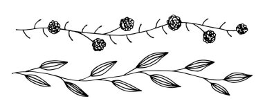 Siyah çizgili basit bir el çizimi vektör çizimi. Yatay uzun çiçek çelengi. Dal, yaprak ve çiçek çerçevesi, sınır. Davetiyeler için zarif bir afiş, ürün tasarımı. Mürekkep çizimi, ayarla.