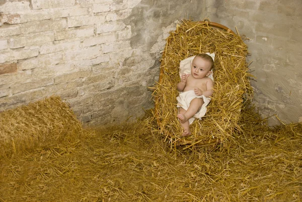 Jesuskind liegt auf Heu in Weihnachtsszene — Stockfoto