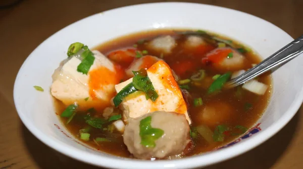 Tofu Almôndegas Servidas Com Molho Picante Adicional Molho Soja — Fotografia de Stock