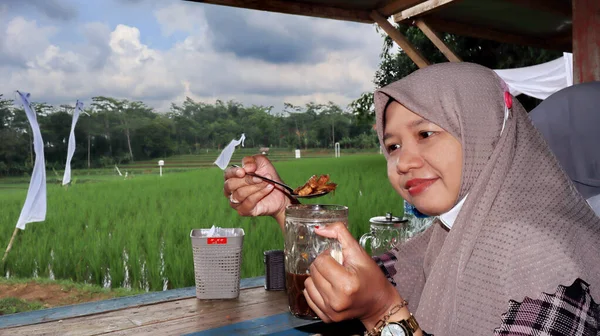 Wanita Menikmati Pemandangan Sawah Hijau Segar Dari Dalam Sebuah Restoran — Stok Foto