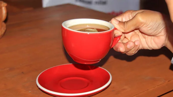 Rood Kopje Drinken Houten Tafel Drink Restaurant Coffee Shop Concept — Stockfoto