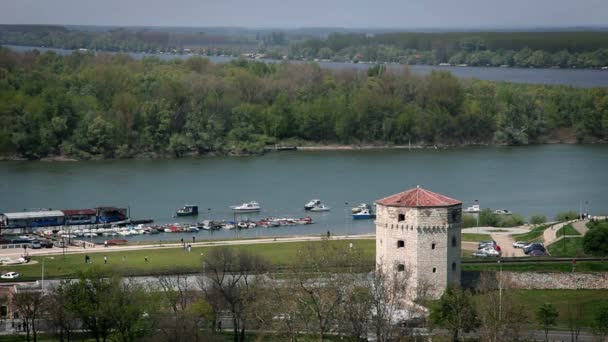 Az a pont, ahol a Száva és a Donava találkozik egy régi torony előtt — Stock videók