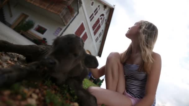 Dospívající dívka hladí tele před domem — Stock video