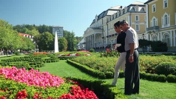 Tourné d'un couple marchant dans le parc — Video