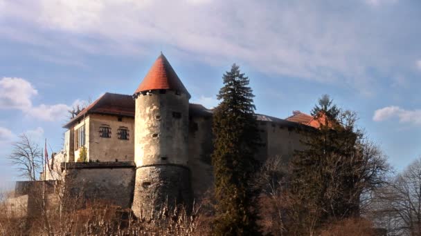 Schot van kasteel van Bled de afstand — Stockvideo