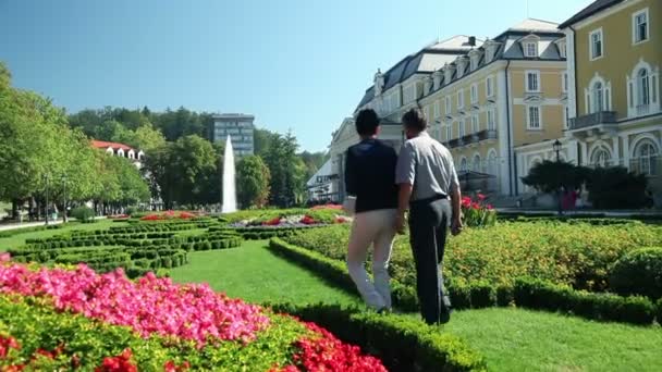 Shot van een paar wandelen in het park — Stockvideo