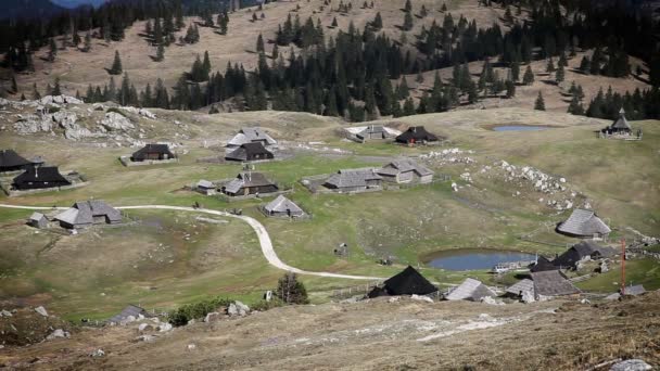 Vue panoramique de vieilles cabanes de montagne sur Velika planina-Slovénie — Video