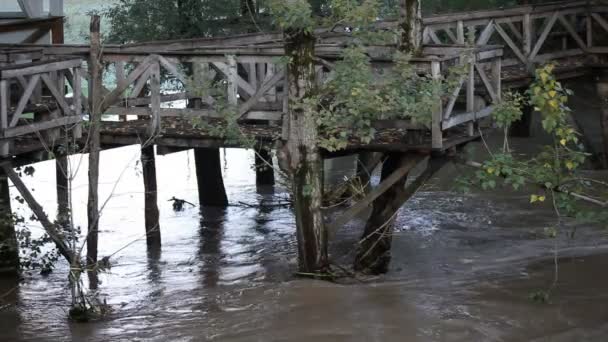 Vista de un viejo puente de madera sobre el río — Vídeos de Stock