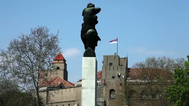 Vergrößerung der Statue in Belgrad mit serbischer Flagge im Hintergrund — Stockvideo