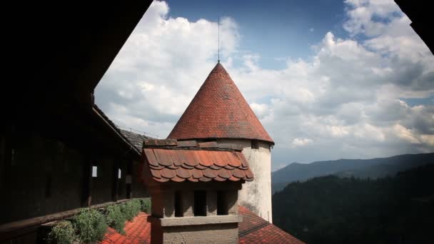 Schot van een deel van het kasteel van Bled de waaronder toren en balkon — Stockvideo