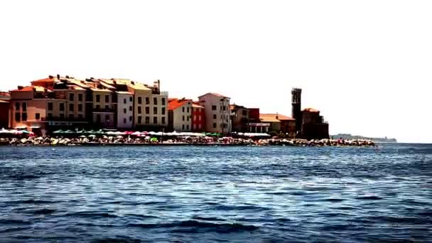 Shot of the boat moored at the shore. Shot is taken from the moving boat — Stock Video