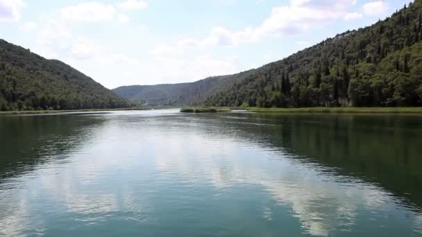 Hareketli tekne yapılan nehir Krka'nın sahilinin panoramik çekim — Stok video