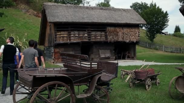 Знімок групи молодих людей, які відвідують стару, але дуже збережену ферму — стокове відео