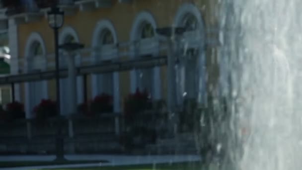 Shot of fountain in beautiful garden where couple is walking — Stock Video